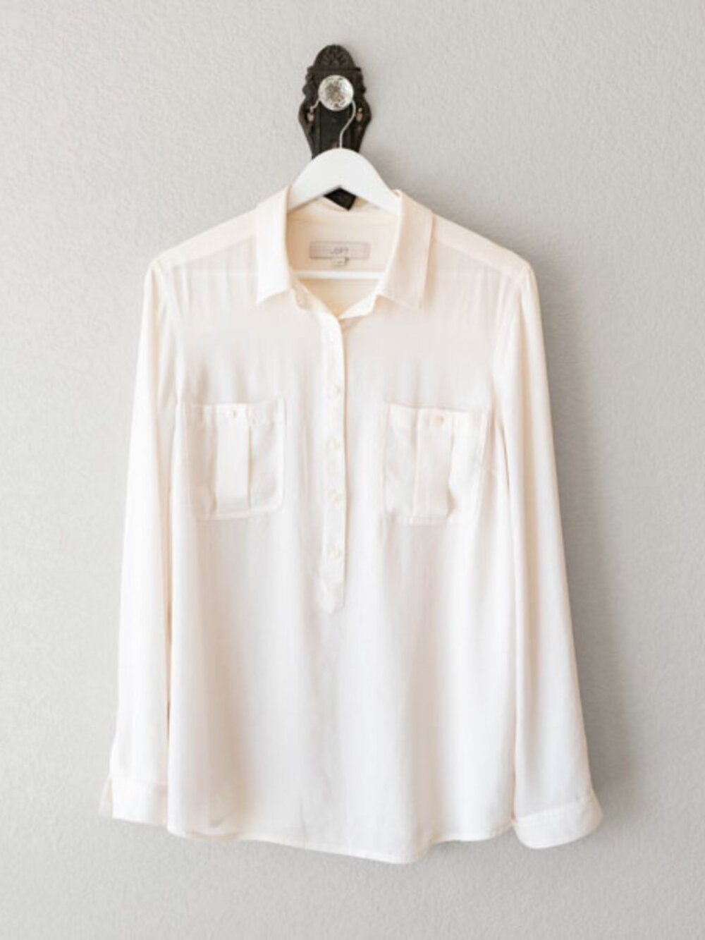 Loft Ivory Popover Blouse Large Semi Sheer Long Sleeve Career Minimalist Top